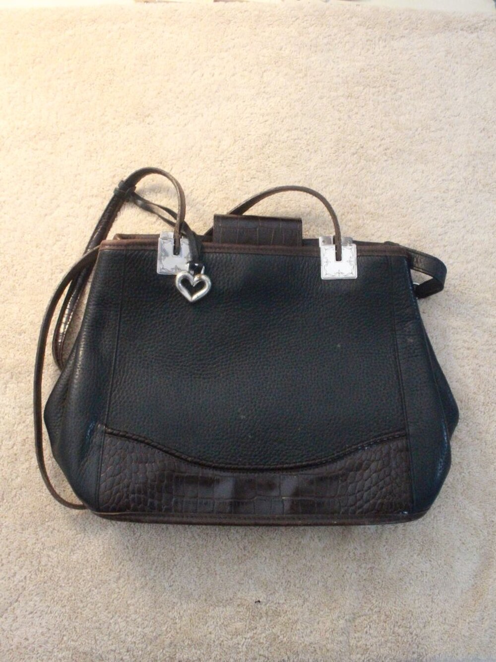 Brighton Black Structured Satchel with Heart Detail and Shoulder Strap
